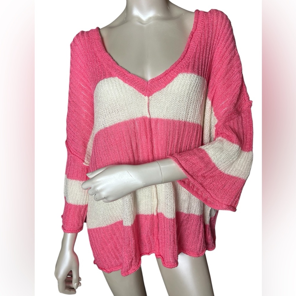 NEW POL brand Pink Ivory Stripe V Neck Long Bell sleeve knit Top